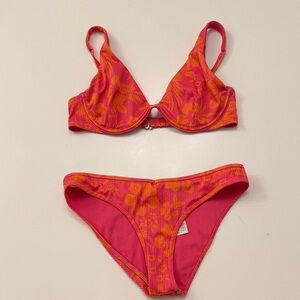 Hollister Pink & Orange Hibiscus Ribbed Bikini Set